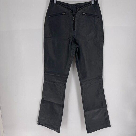Vintage Lucid Ltd Size 9 Black Leather Waist Zipper Mid-Rise Straight Leg Pants - Picture 1 of 6